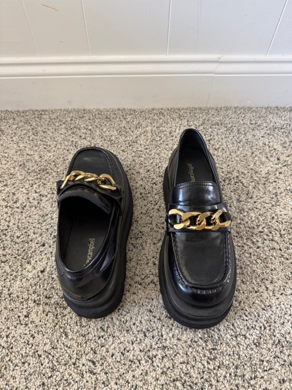 Jeffrey Campbell Black Leather Loafers with Gold Chain Accent
